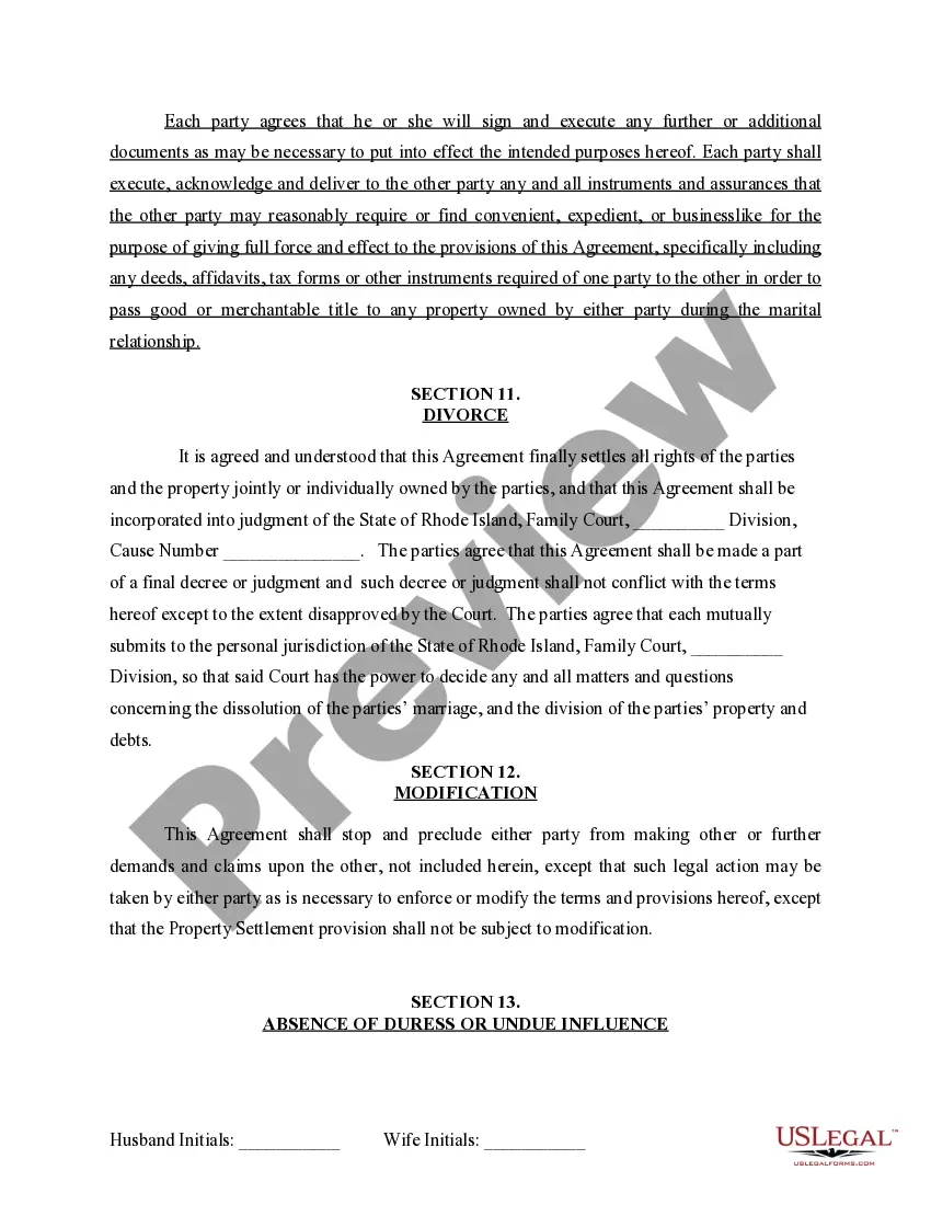 Preview Marital Domestic Separation and Property Settlement Agreement for persons with No Children, No Joint Property or Debts where Divorce Action Filed