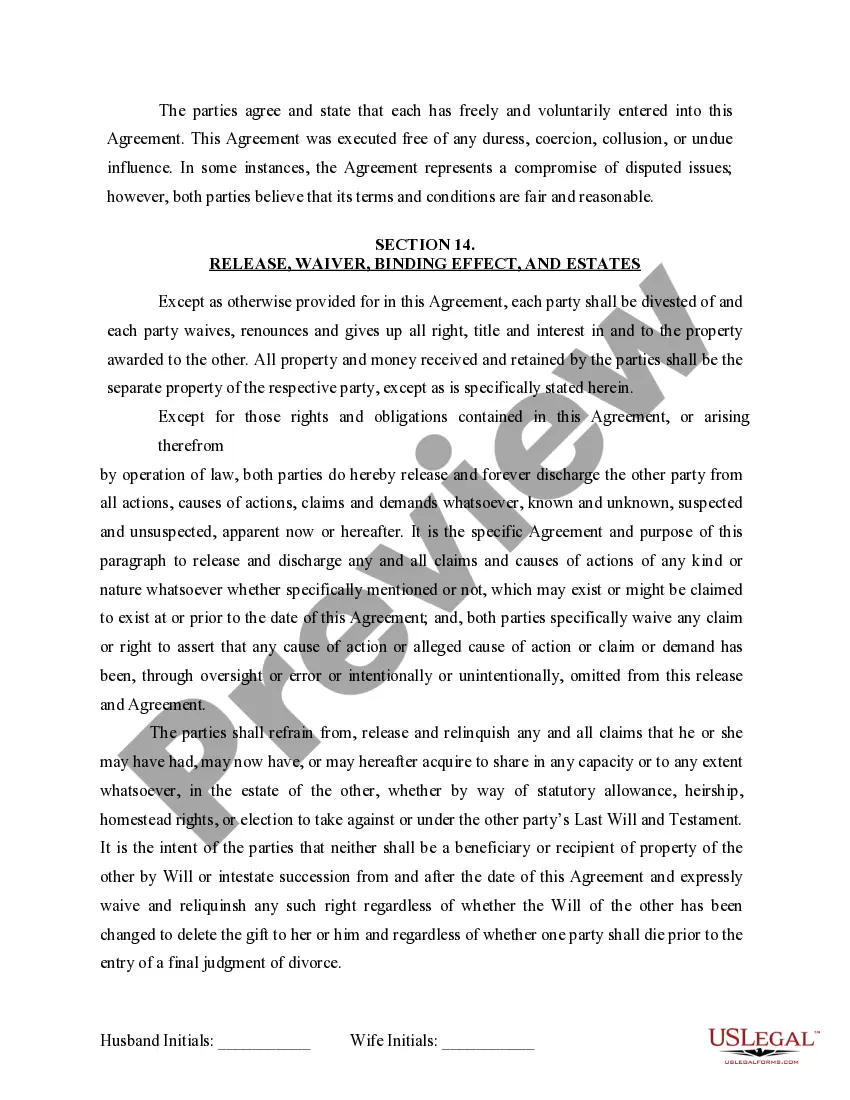 Preview Marital Domestic Separation and Property Settlement Agreement for persons with No Children, No Joint Property or Debts where Divorce Action Filed