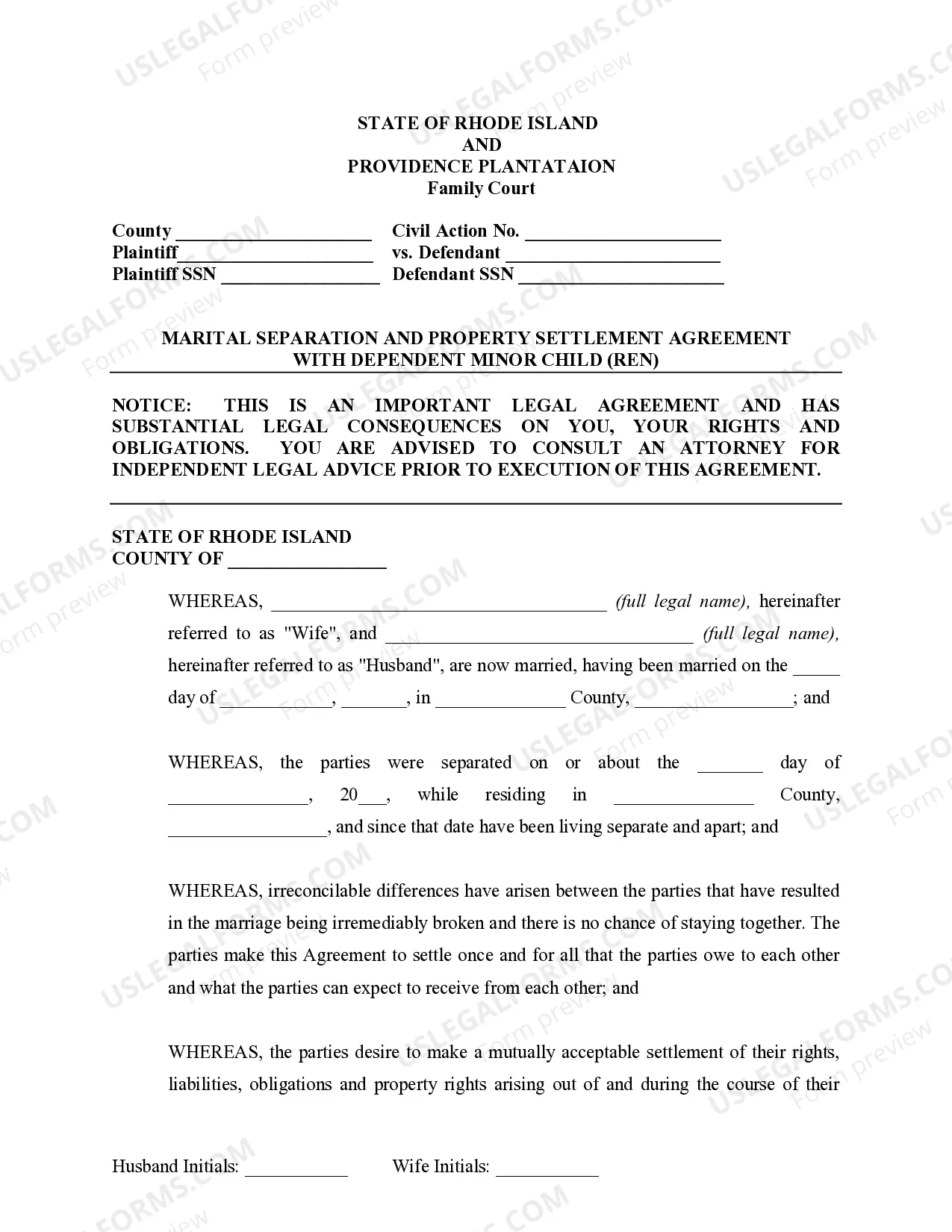 Preview Marital Domestic Separation and Property Settlement Agreement Minor Children no Joint Property or Debts where Divorce Action Filed