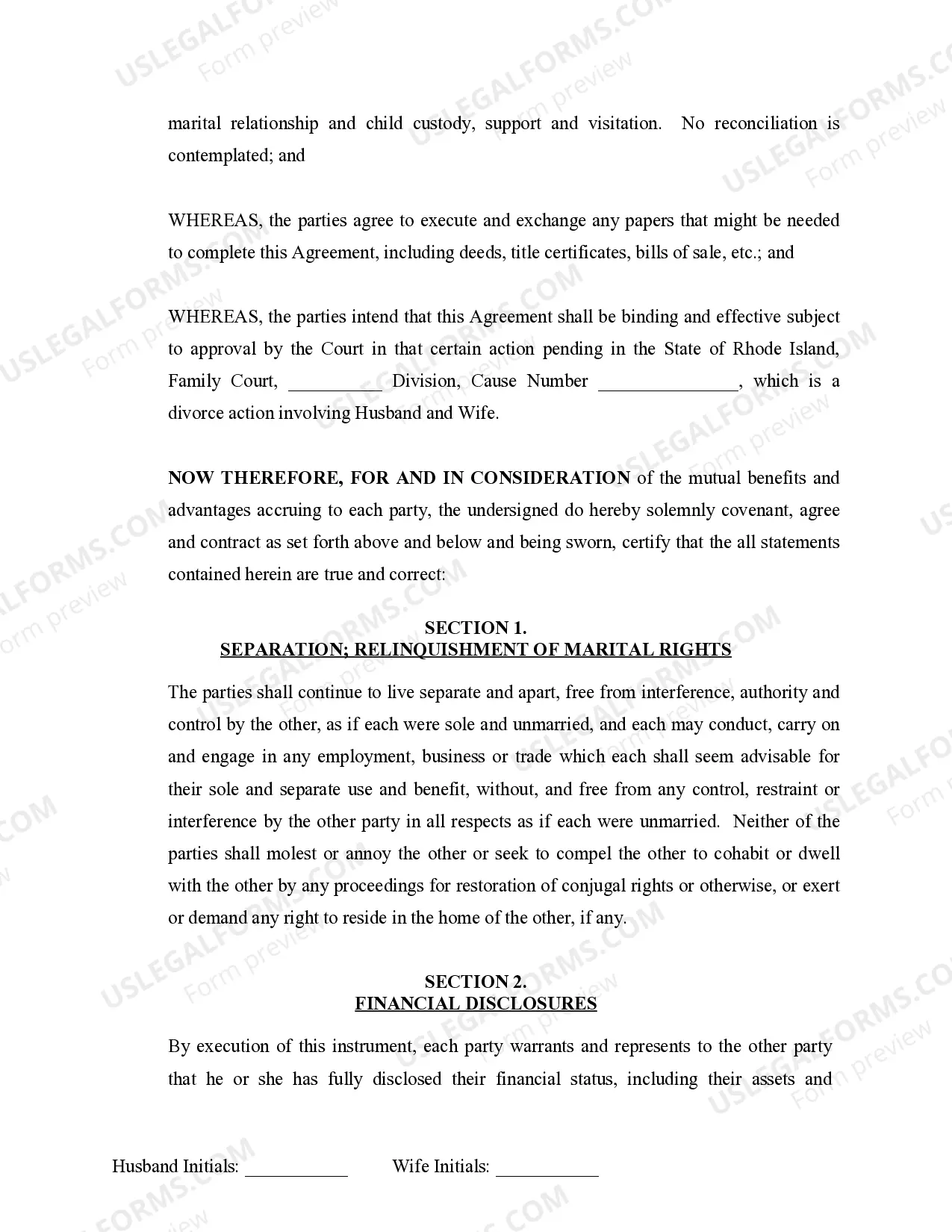 Preview Marital Domestic Separation and Property Settlement Agreement Minor Children no Joint Property or Debts where Divorce Action Filed