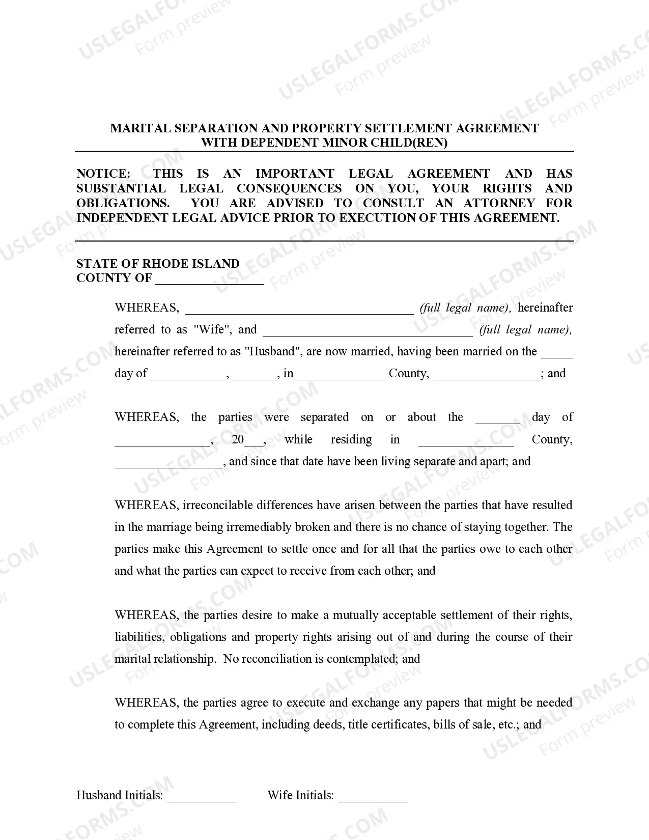 Preview Marital Domestic Separation and Property Settlement Agreement Minor Children Parties May have Joint Property or Debts effective Immediately
