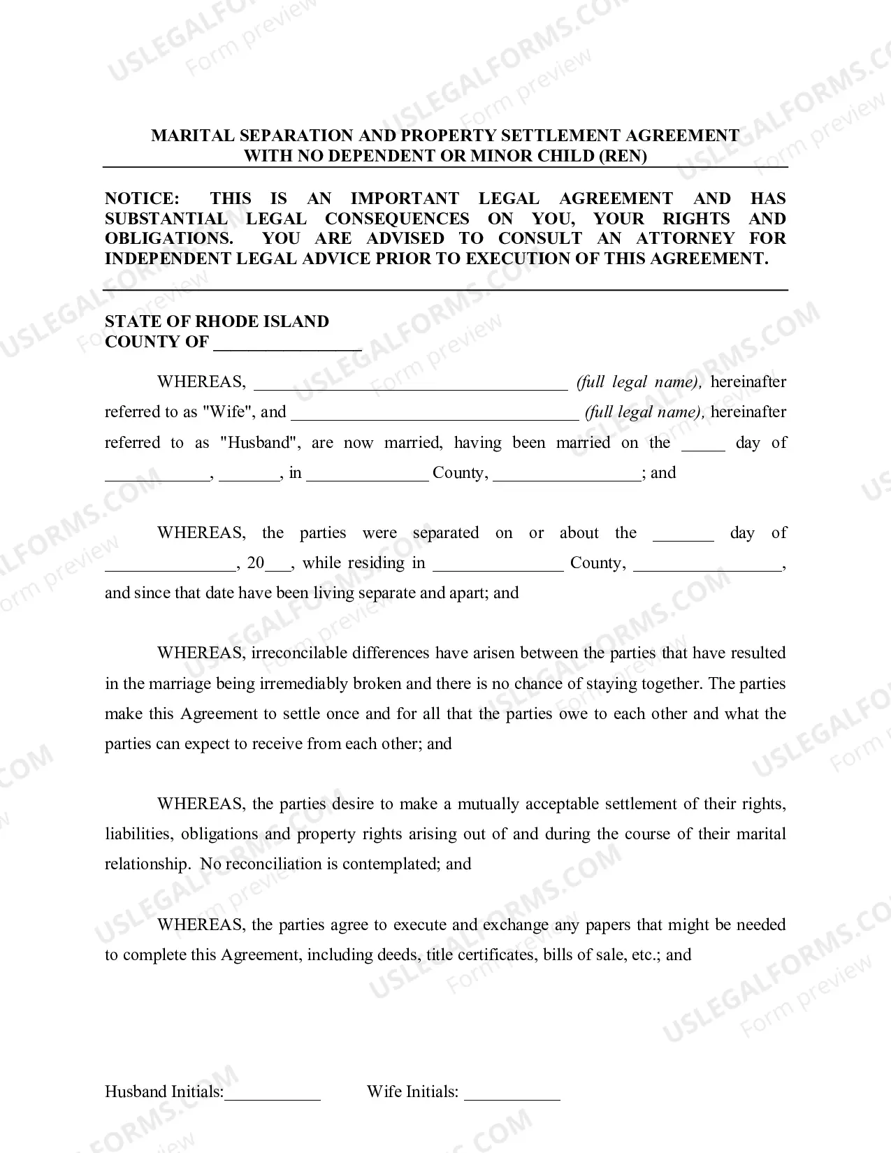 Preview Marital Domestic Separation and Property Settlement Agreement for persons with no Children, no Joint Property, or Debts Effective Immediately