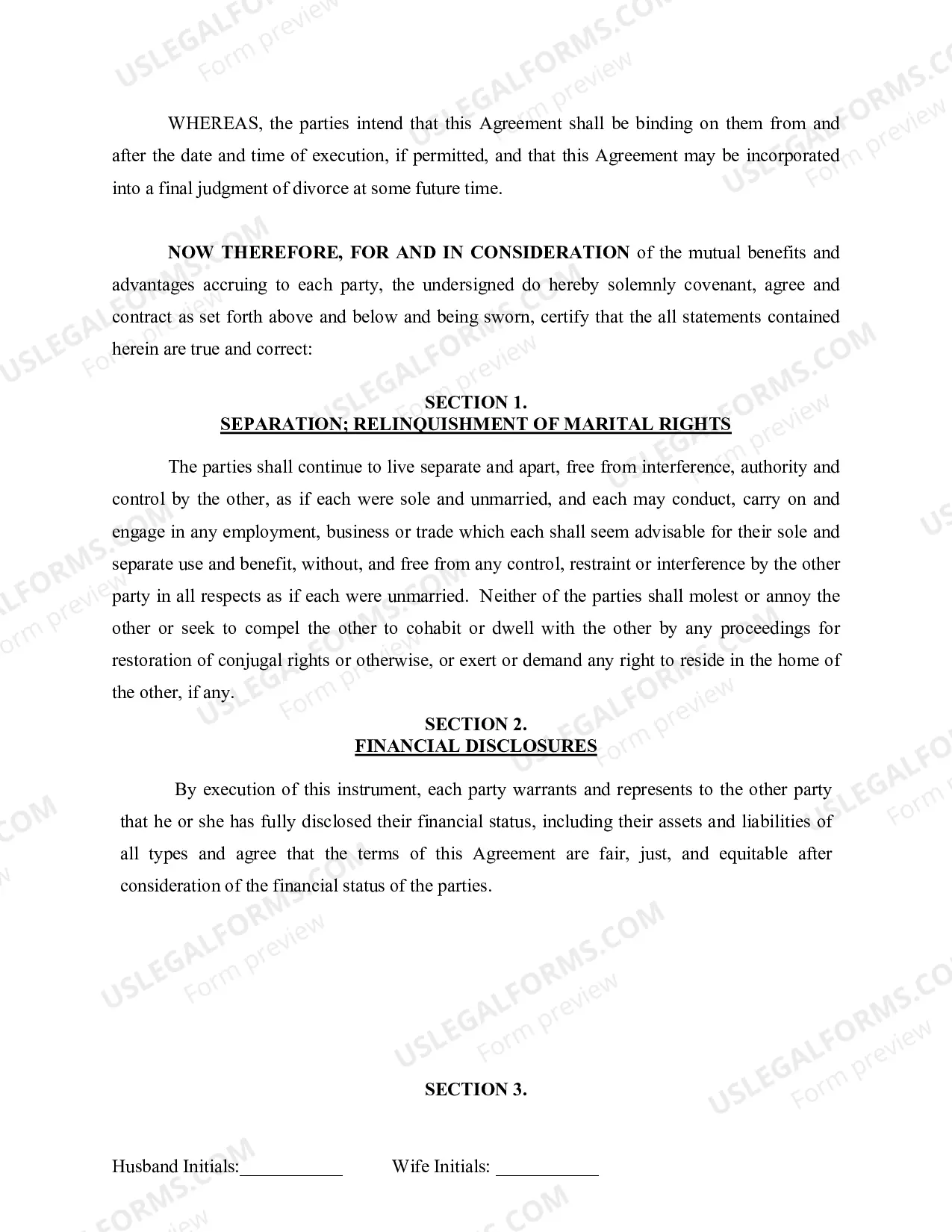 Preview Marital Domestic Separation and Property Settlement Agreement for persons with no Children, no Joint Property, or Debts Effective Immediately