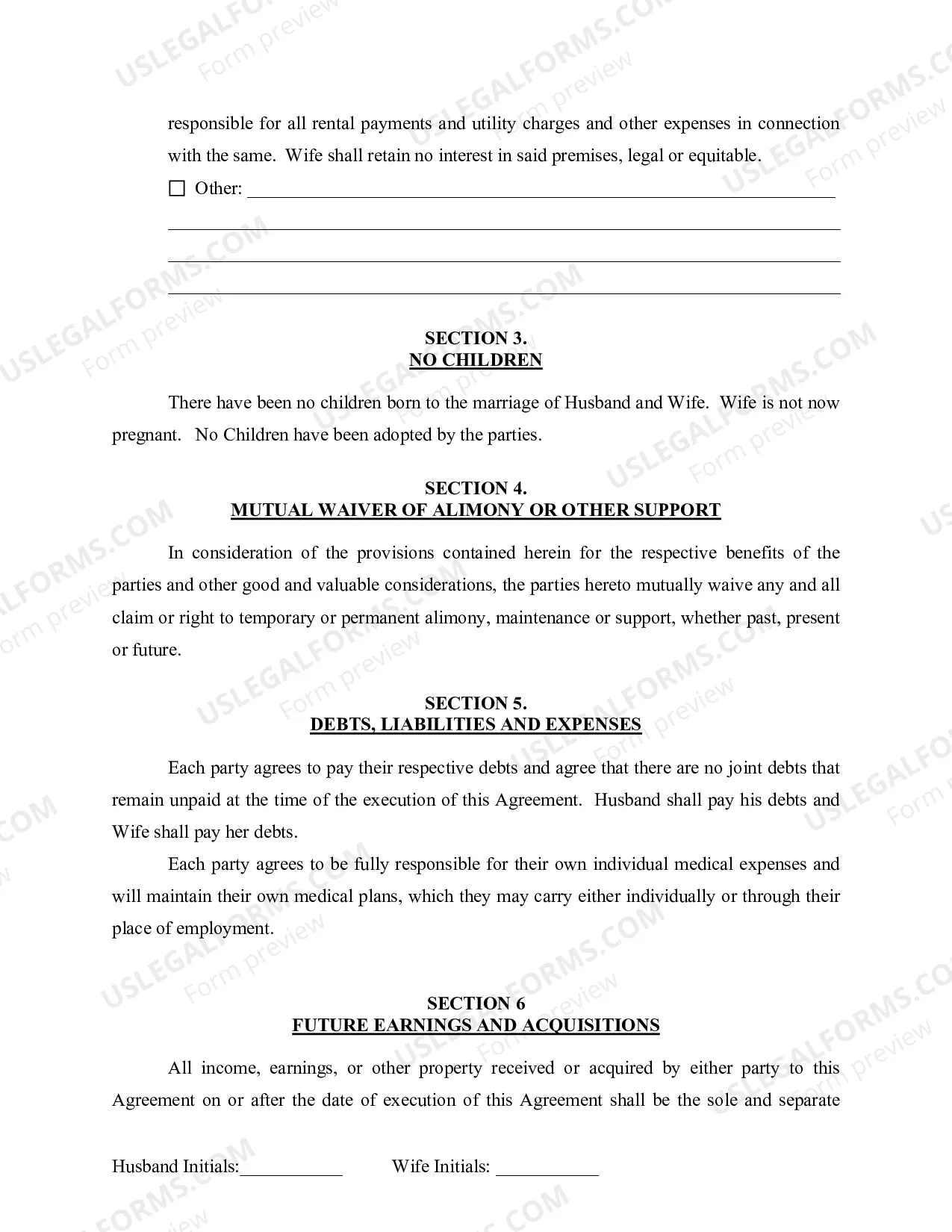 Preview Marital Domestic Separation and Property Settlement Agreement for persons with no Children, no Joint Property, or Debts Effective Immediately