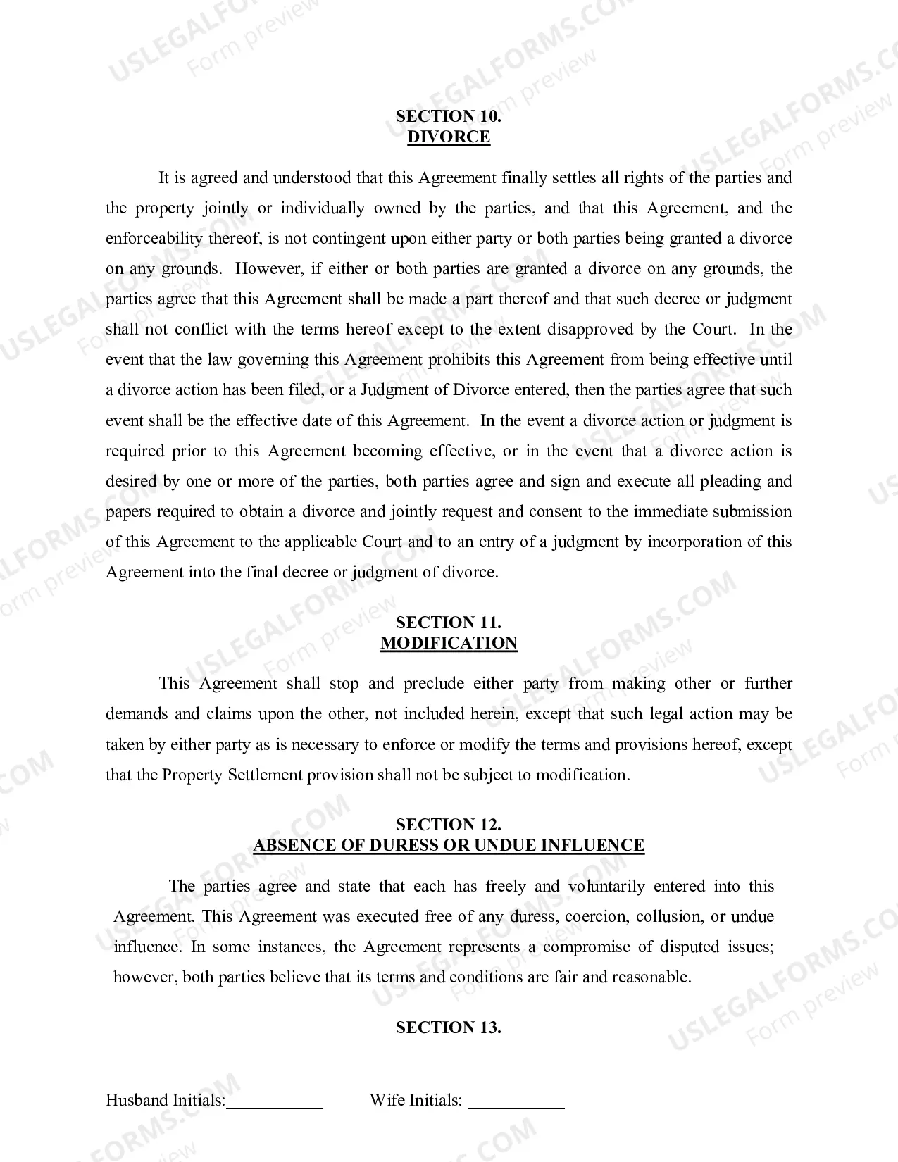 Preview Marital Domestic Separation and Property Settlement Agreement for persons with no Children, no Joint Property, or Debts Effective Immediately