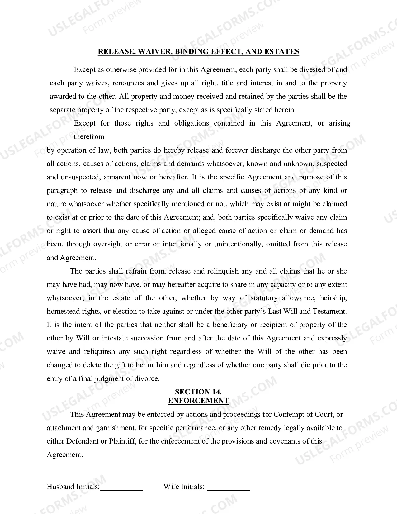Preview Marital Domestic Separation and Property Settlement Agreement for persons with no Children, no Joint Property, or Debts Effective Immediately