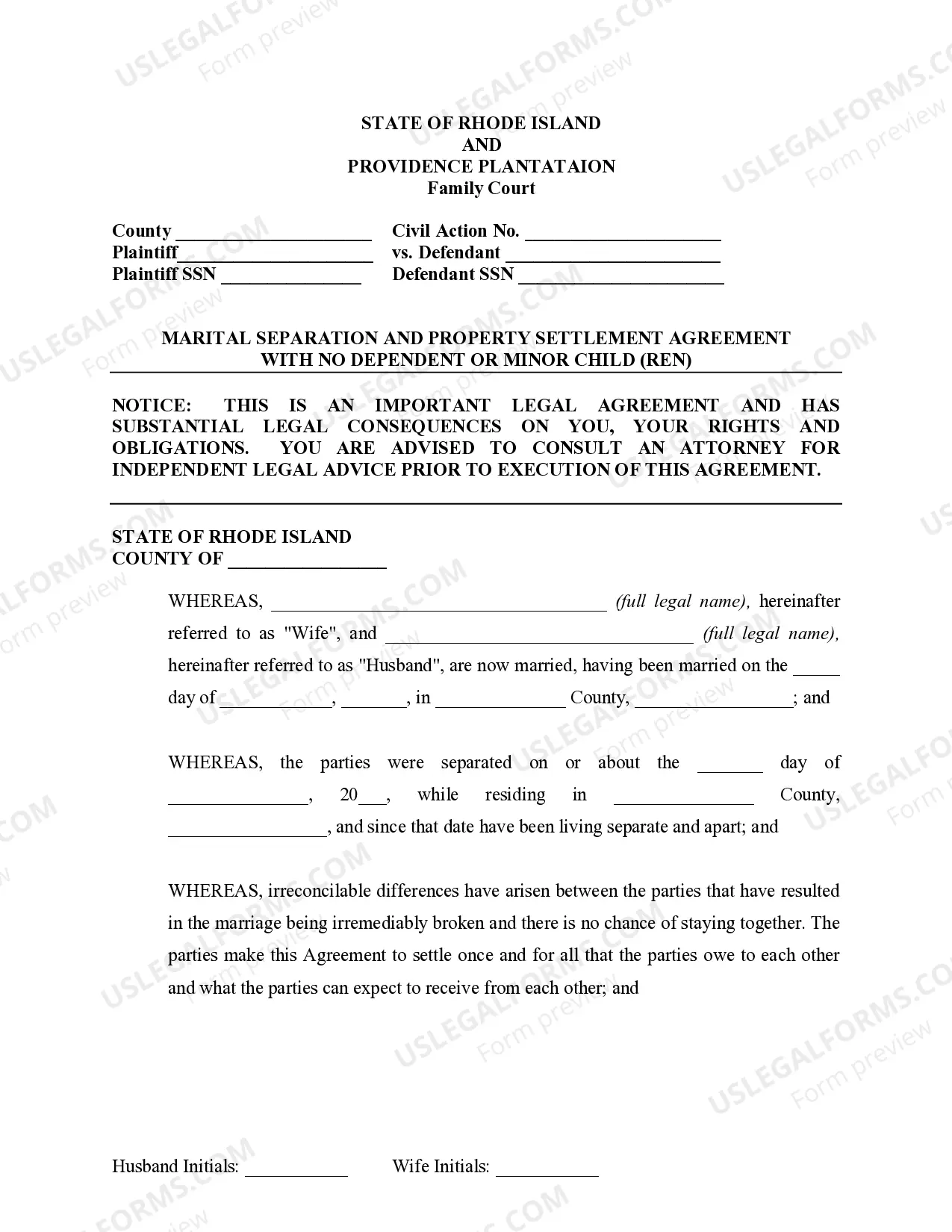 Preview Marital Domestic Separation and Property Settlement Agreement no Children parties may have Joint Property or Debts where Divorce Action Filed