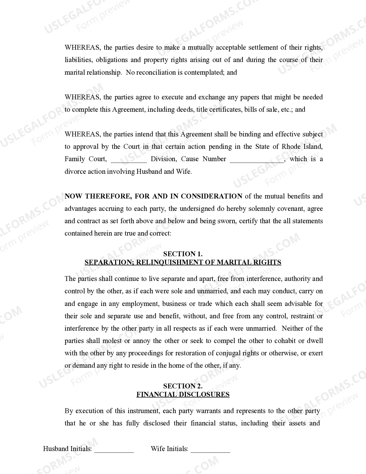 Preview Marital Domestic Separation and Property Settlement Agreement no Children parties may have Joint Property or Debts where Divorce Action Filed