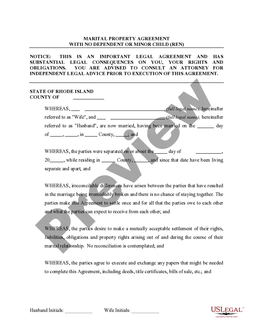 Preview Marital Domestic Separation and Property Settlement Agreement no Children parties may have Joint Property or Debts Effective Immediately