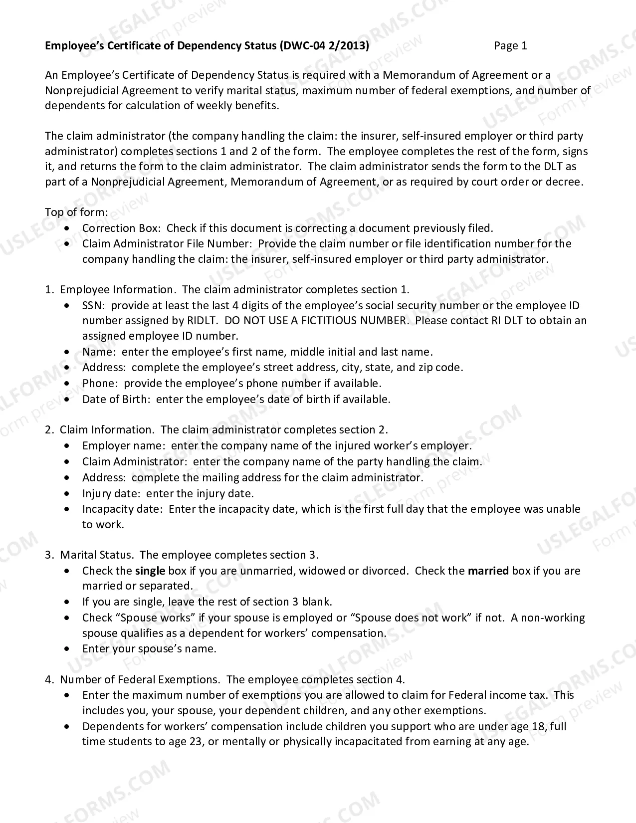 Preview Employee Certificate of Dependency for Workers' Compensation