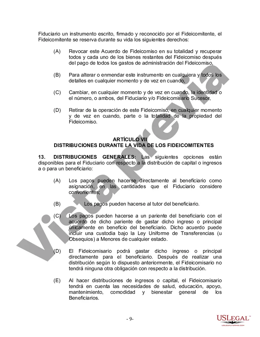 Preview Fideicomiso en Vida para Individuos Solteros, Divorciados o Viudos (o Viudos) sin Hijos