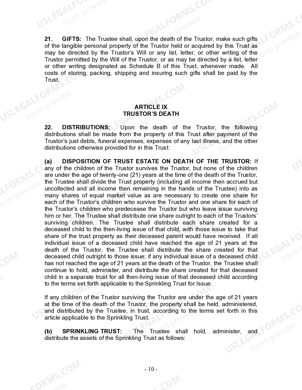 Preview Living Trust for Individual Who is Single, Divorced or Widow (or Widower) with Children