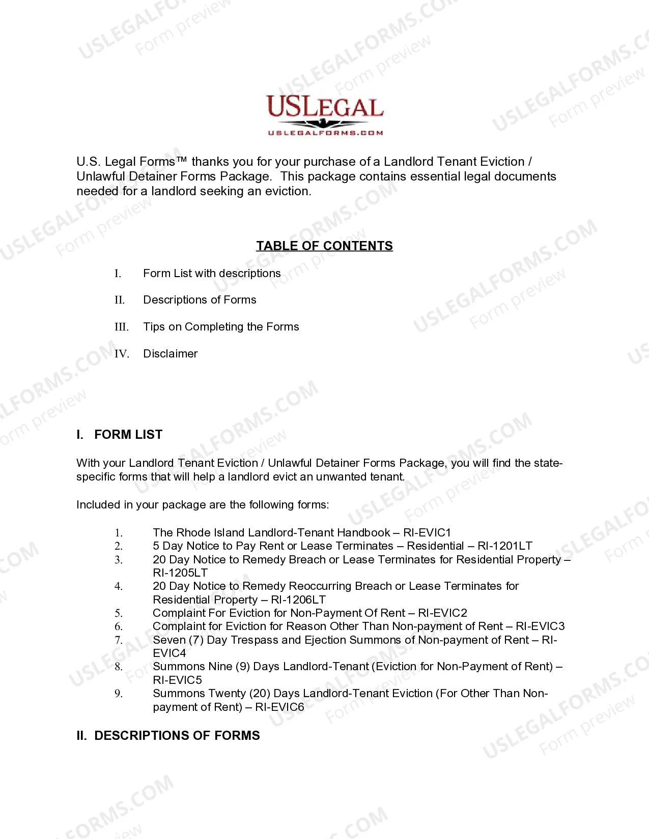 Preview Rhode Island Landlord Tenant Eviction / Unlawful Detainer Forms Package