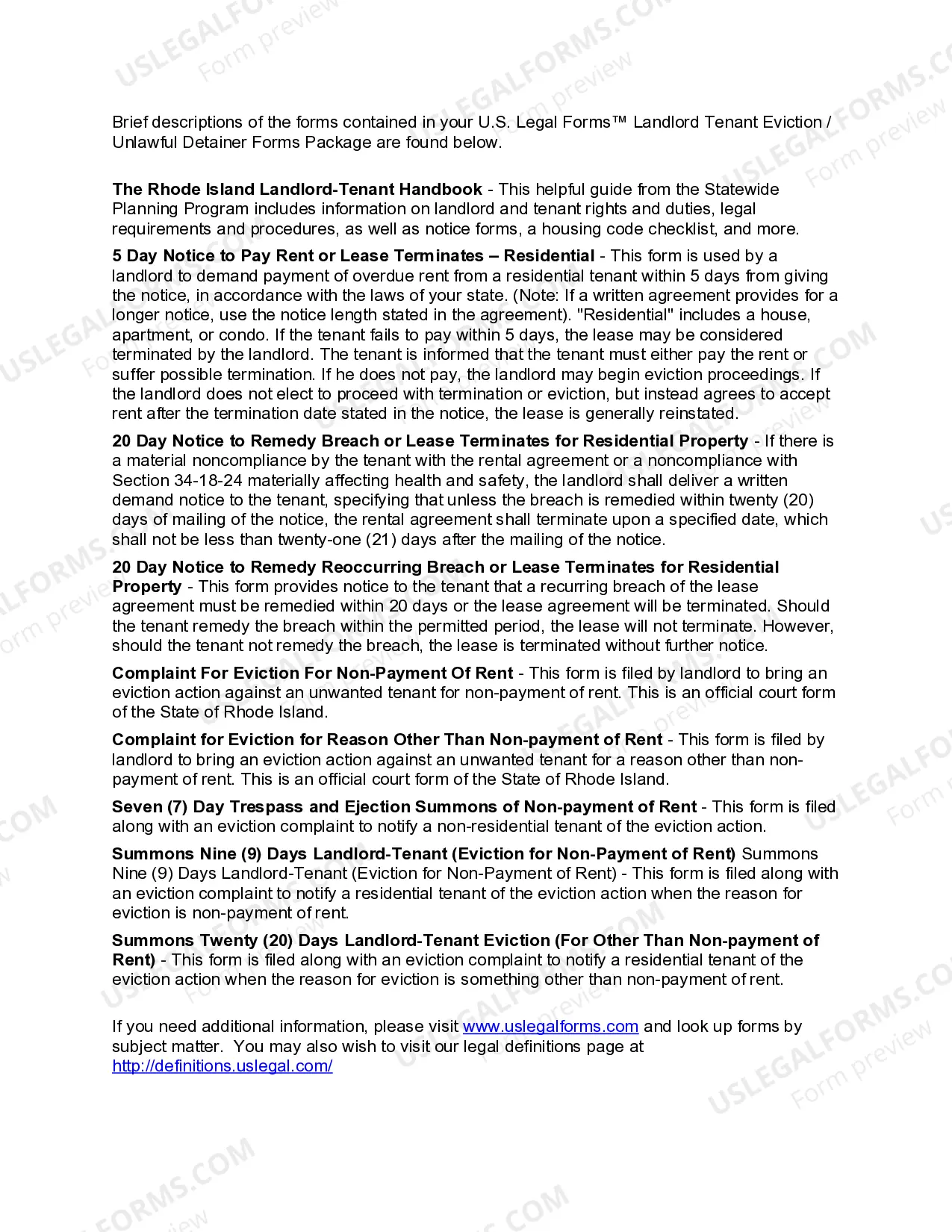 Preview Rhode Island Landlord Tenant Eviction / Unlawful Detainer Forms Package