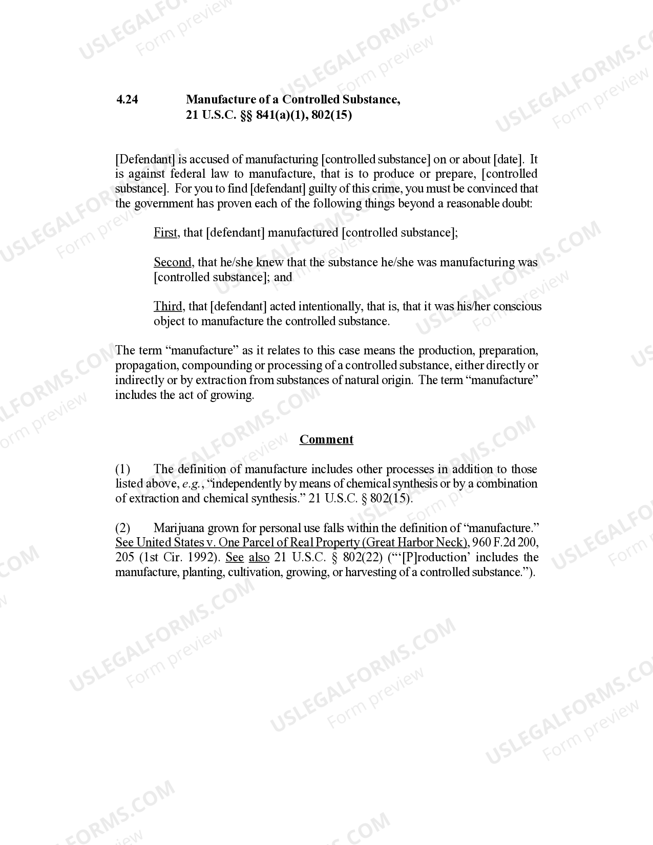 Rhode Island Manufacture of a Controlled Substance, 21 U.S.C. Sec. 841(a)(1), 802(15) US Legal