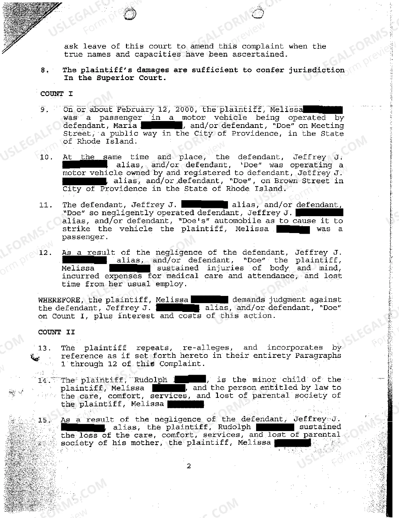 Preview A02 Amended Complaint for Personal Injuries to Passenger Due to Negligent Operation of Motor Vehicle