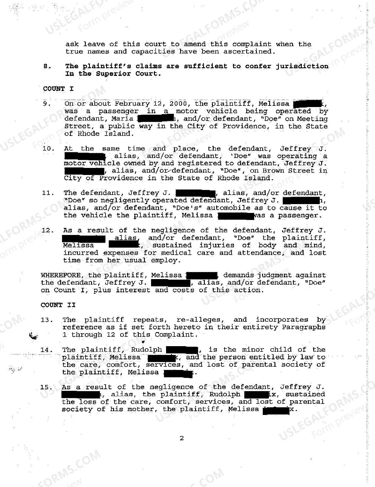 Preview A01 Original Complaint for Personal Injuries Due to Negligent Operation of Motor Vehicle