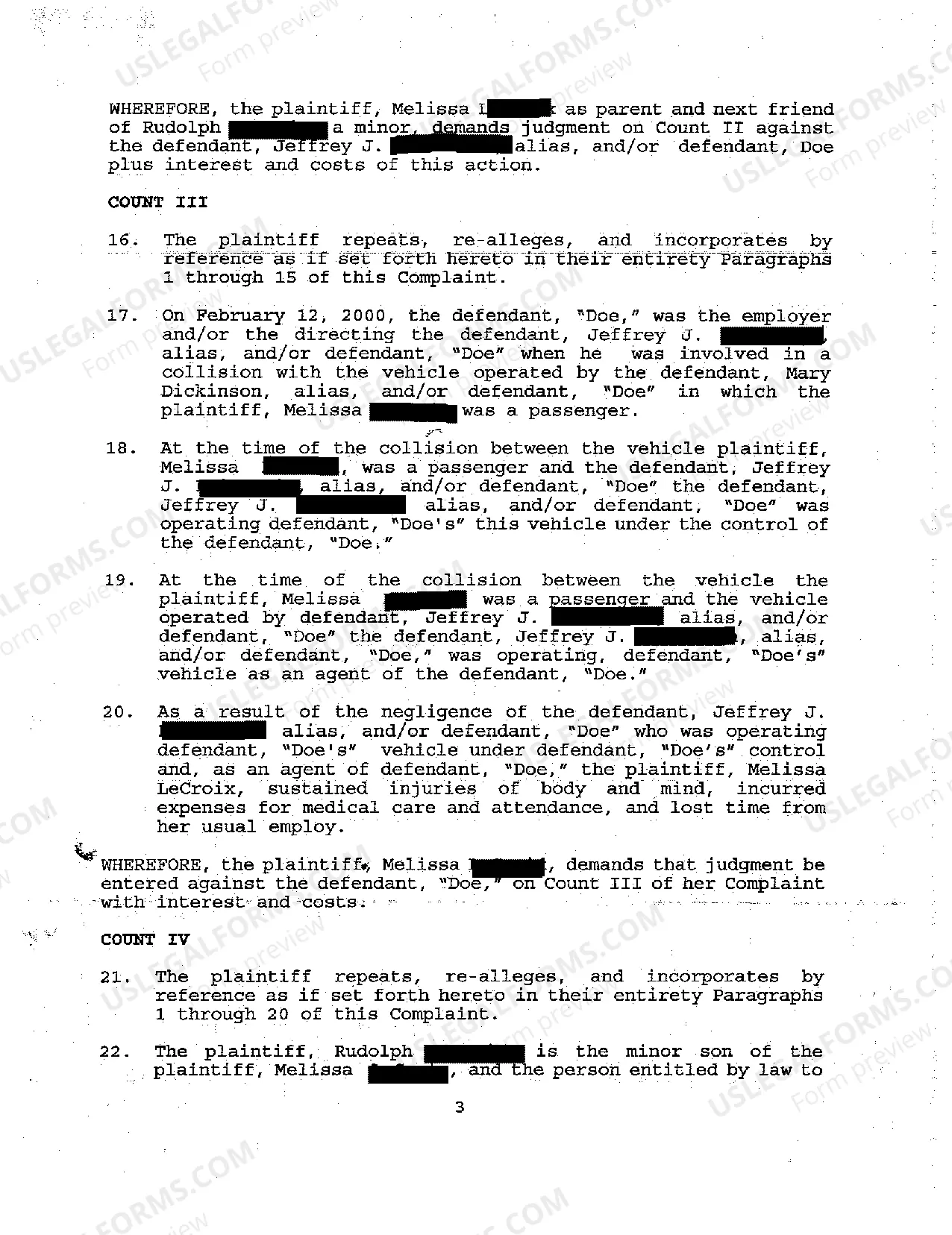 Preview A01 Original Complaint for Personal Injuries Due to Negligent Operation of Motor Vehicle