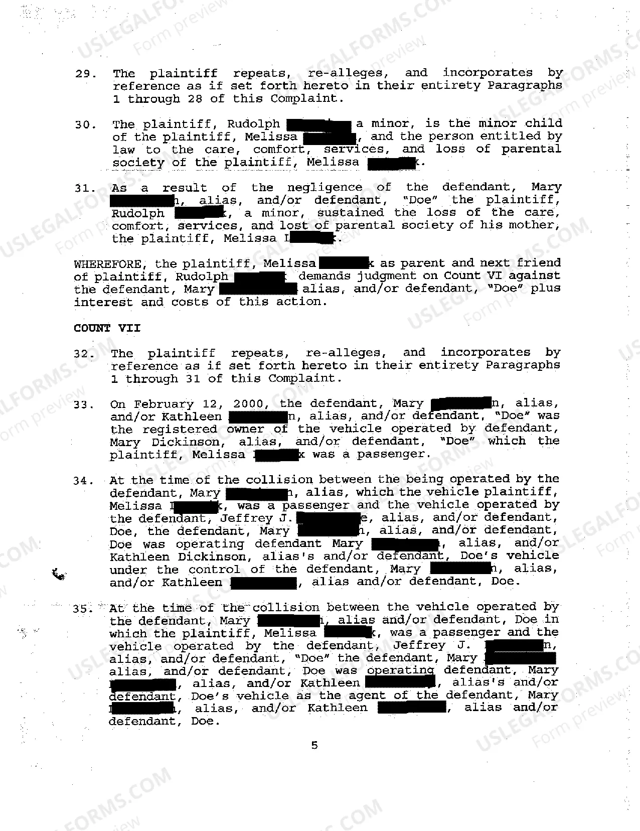 Preview A01 Original Complaint for Personal Injuries Due to Negligent Operation of Motor Vehicle