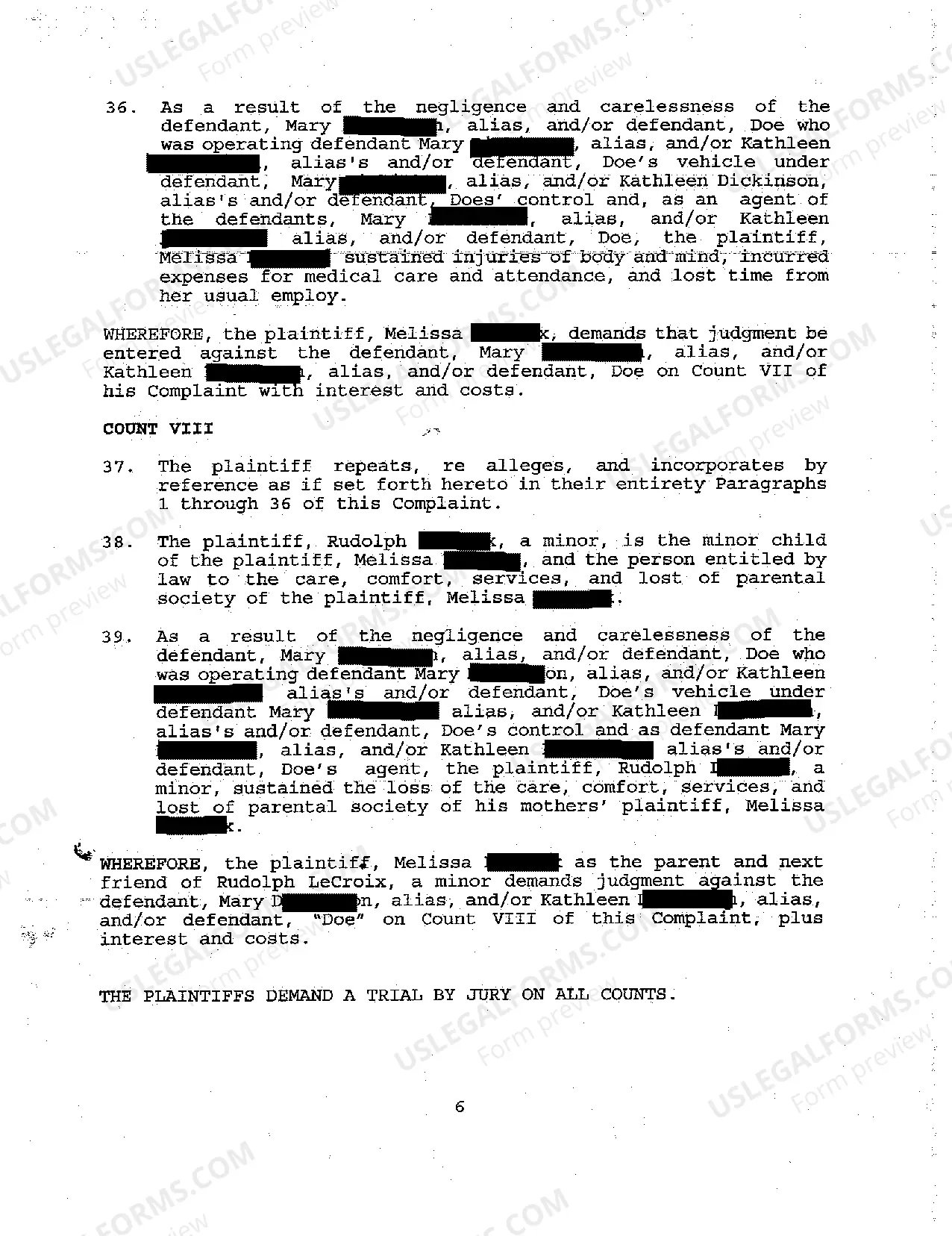 Preview A01 Original Complaint for Personal Injuries Due to Negligent Operation of Motor Vehicle