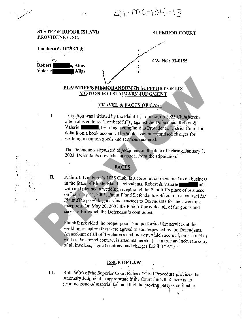 Rhode Island Plaintiff's Memorandum in Support of Its Motion for Summary  Judgment | US Legal Forms