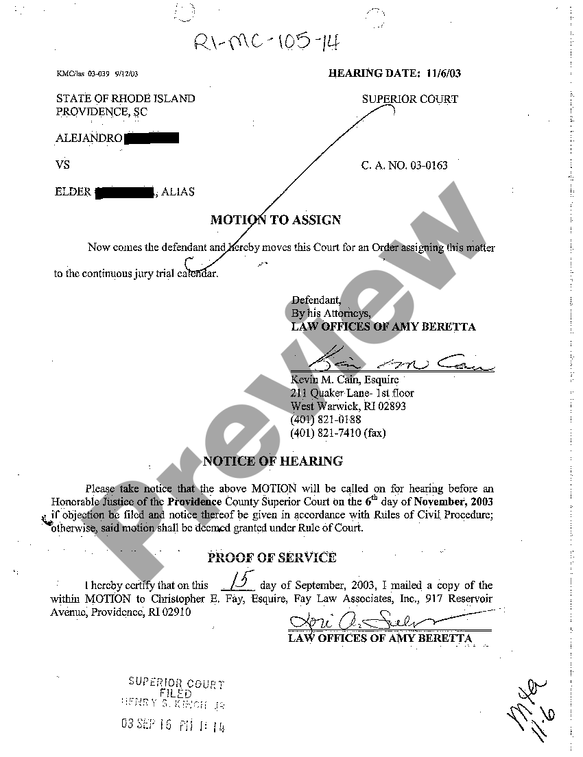 Rhode Island Motion to Assign Case to Continuous Jury Calendar | US Legal  Forms
