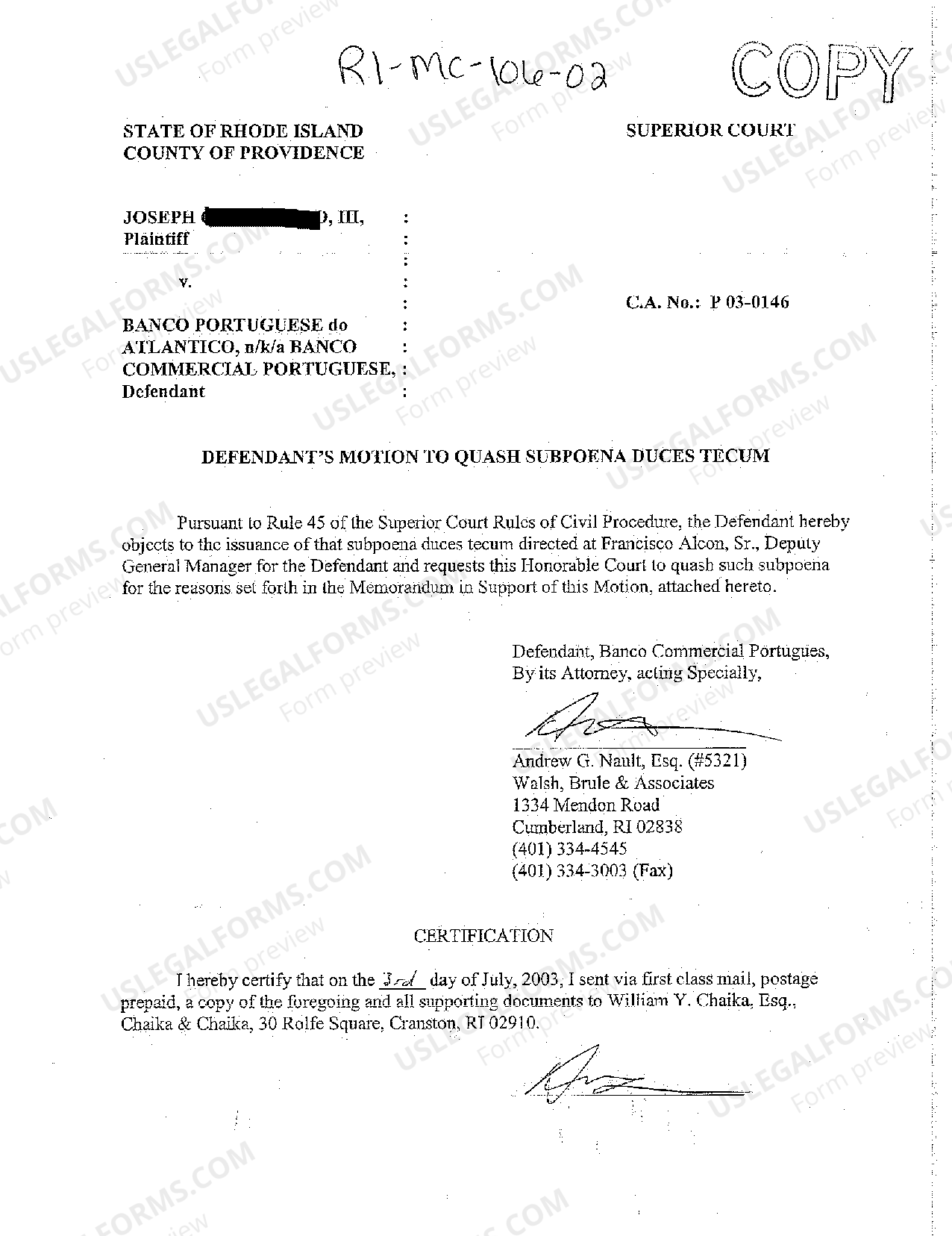 Rhode Island Defendant's Motion to Quash Subpoena Duces Tecum US