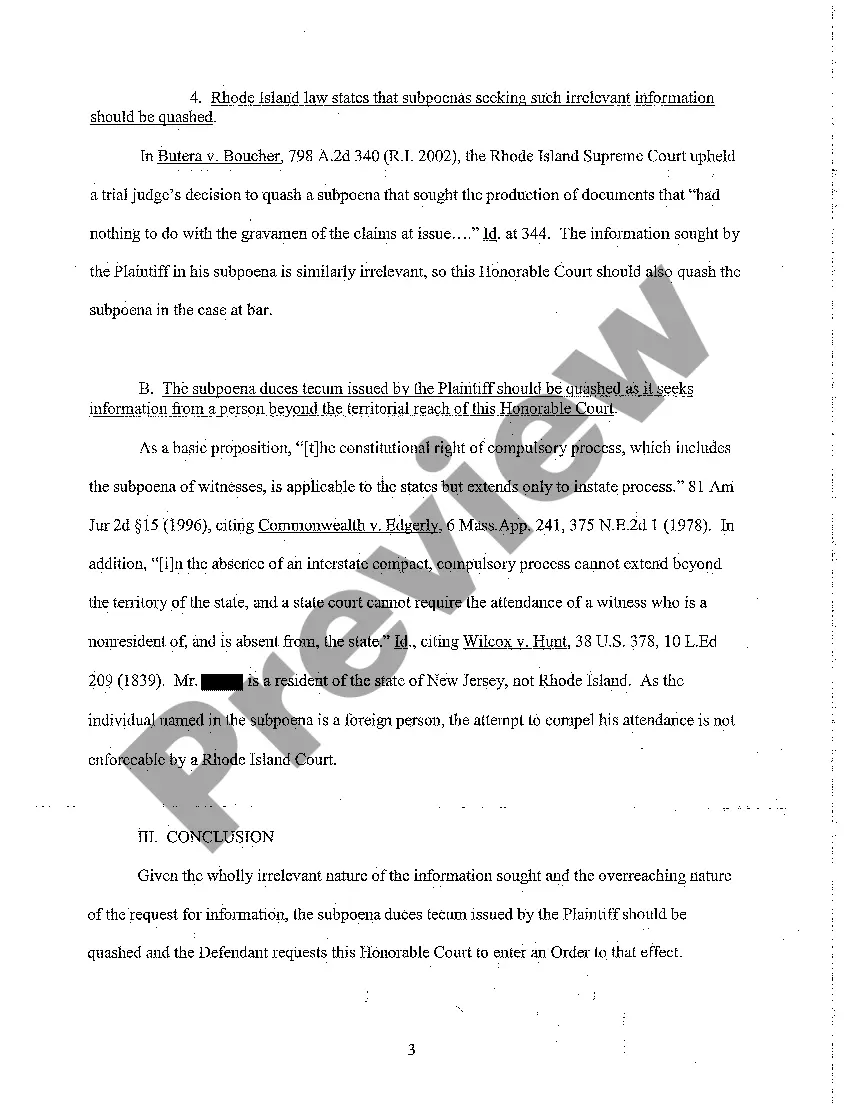 Preview A10 Memorandum in Support of Defendant's Motion to Quash Subpoena Duces Tecum