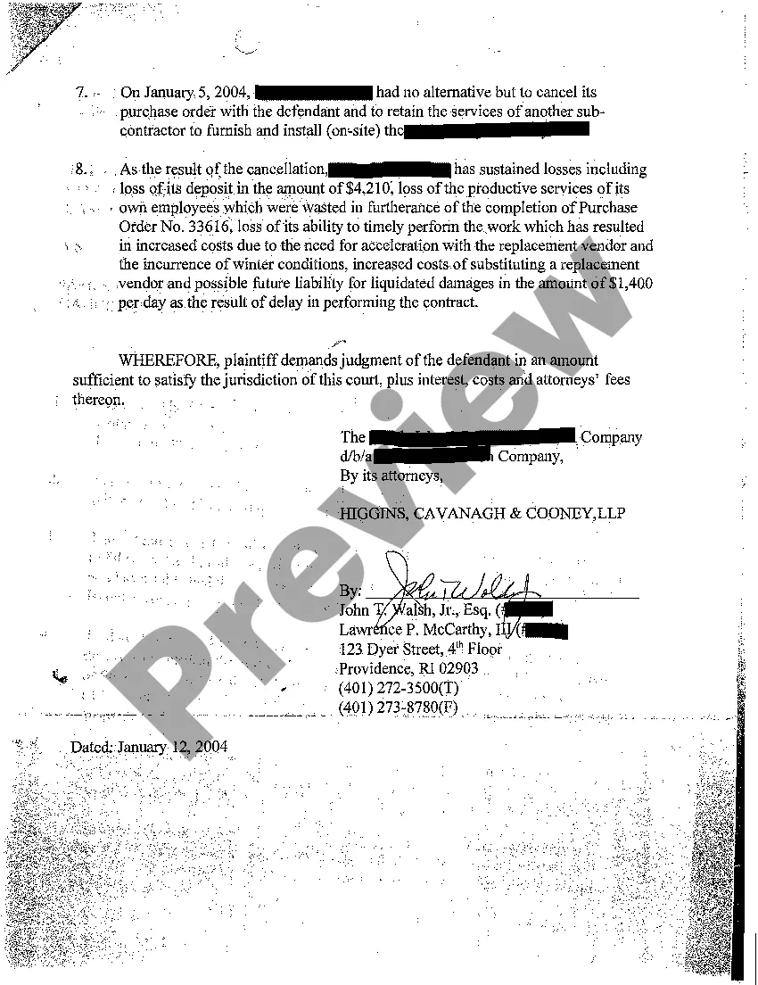 Preview A01 Complaint for Breach of Contract in Vendor Never Rendering Services Already Paid For