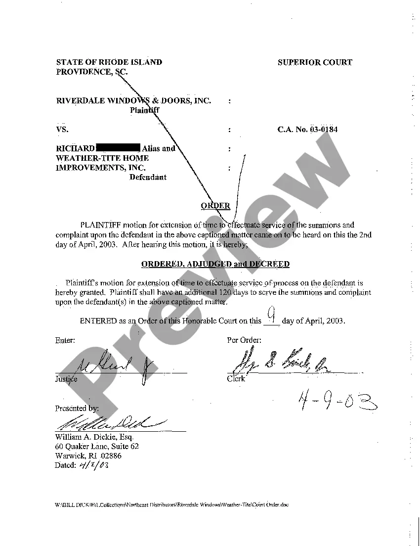 Rhode Island Motion and Order for Extension of Time to Serve Defendant -  Sample Motion For Extension Of Time | US Legal Forms