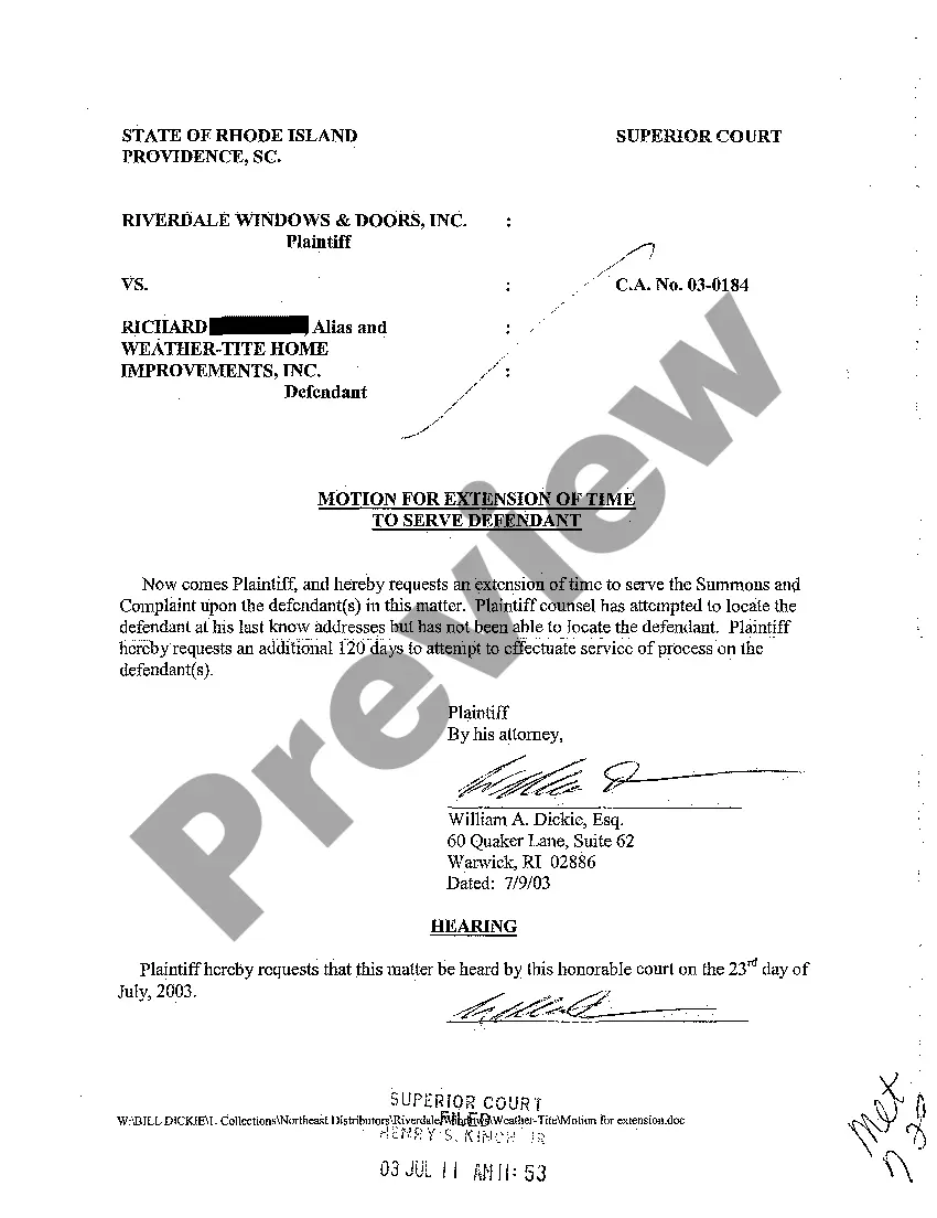 Preview A02 Motion and Order for Extension of Time to Serve Defendant