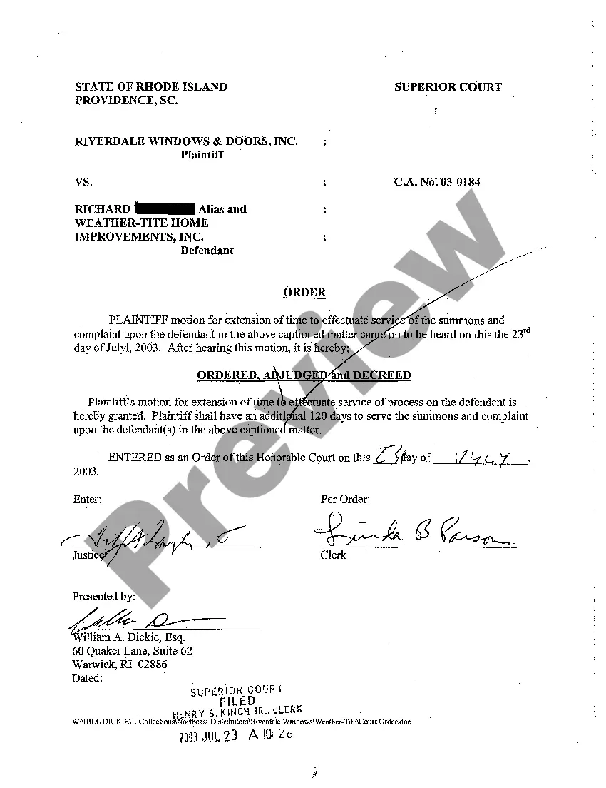 Preview A02 Motion and Order for Extension of Time to Serve Defendant