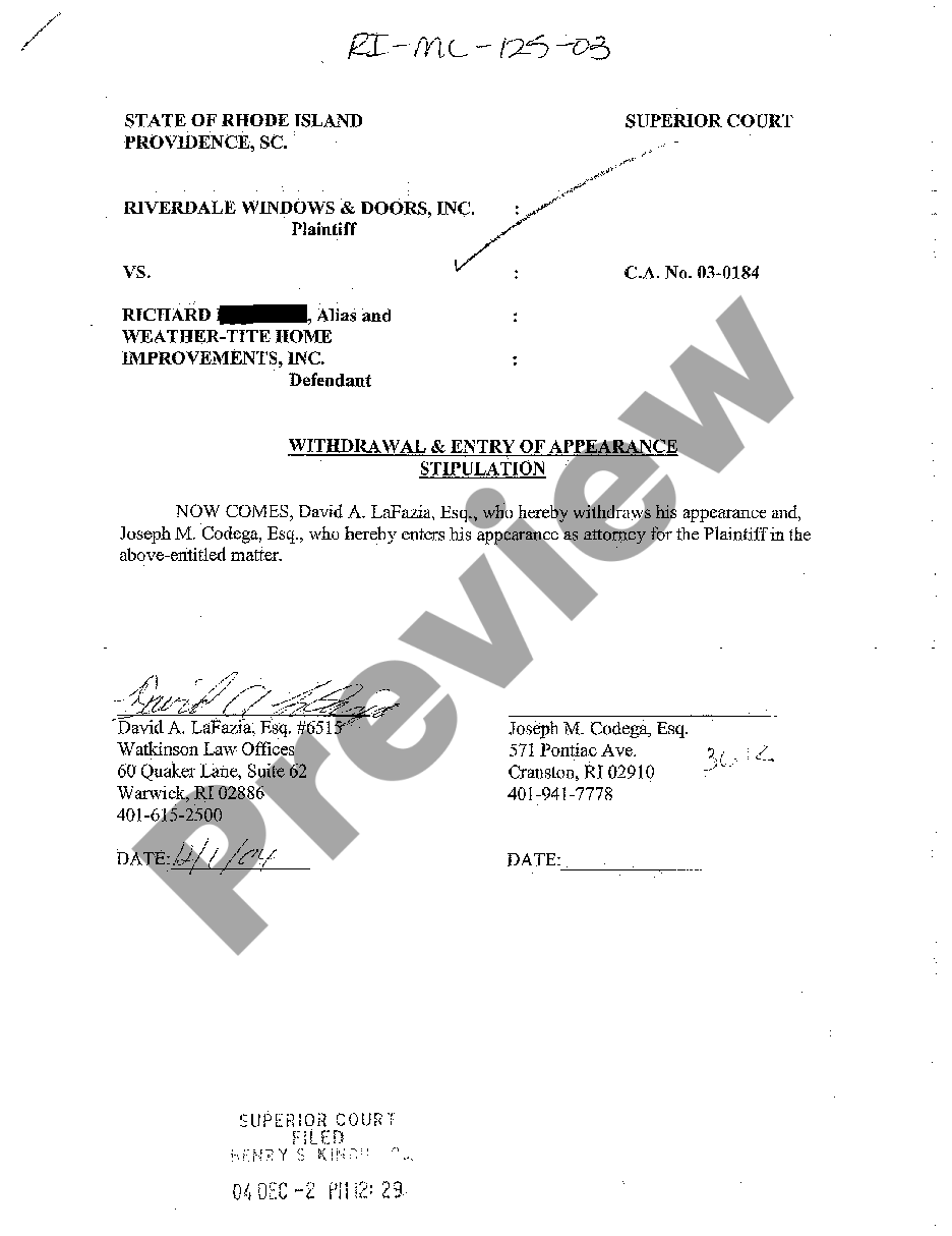 Rhode island withdrawal and entry of appearance stipulation us legal