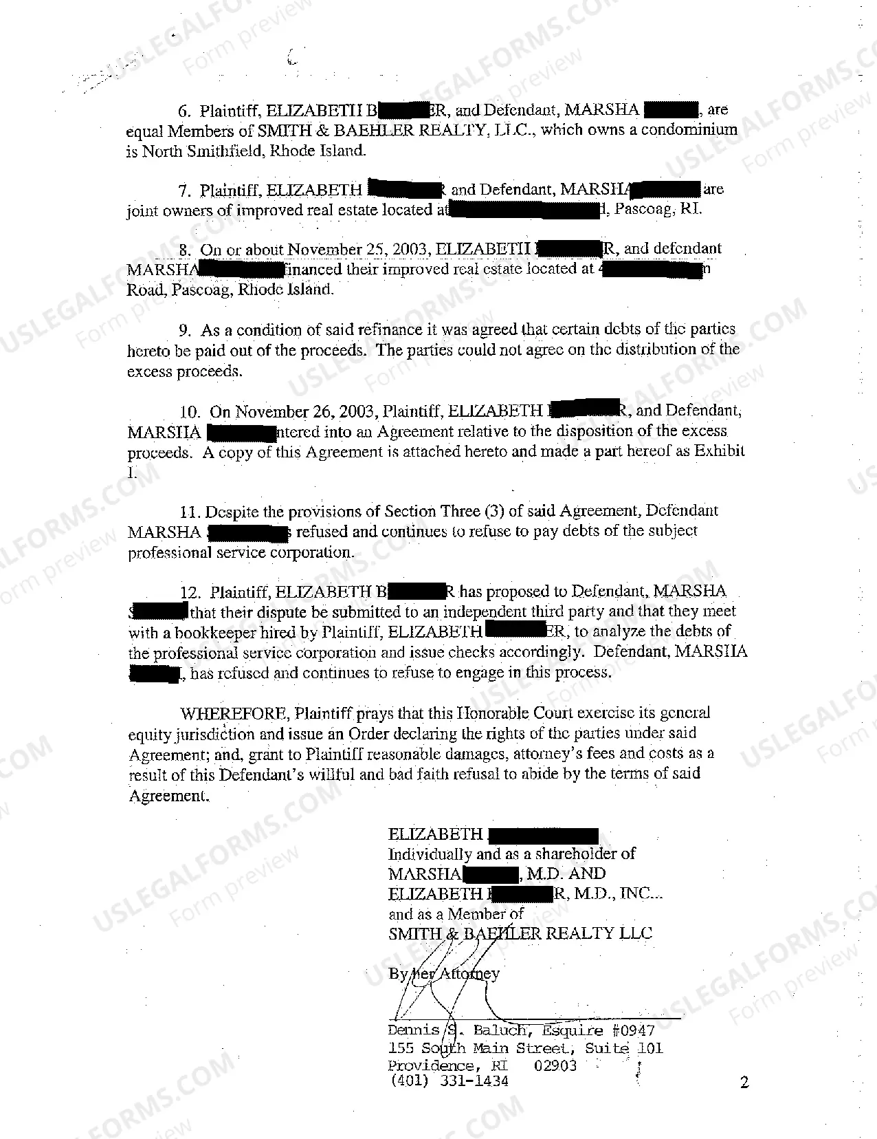 Preview A01 Complaint Breach of Agreement Pay Joint Debts With Excess Profits from Refinancing Jointly Owned Property