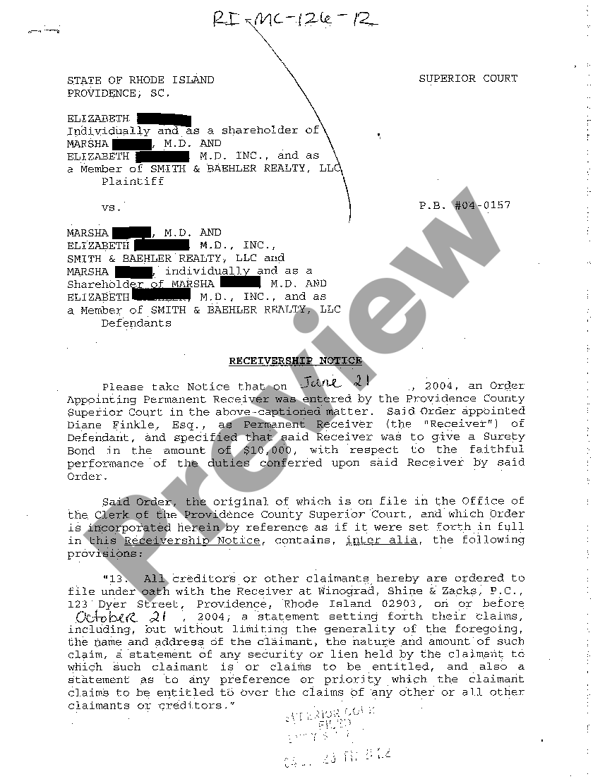 Rhode Island Receivership Notice US Legal Forms