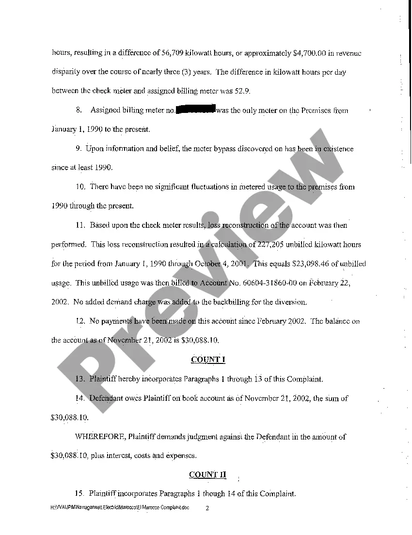 Preview A01 Complaint for Back Electric Payments Due to Defendant's Installation of Bypass Electric Meter