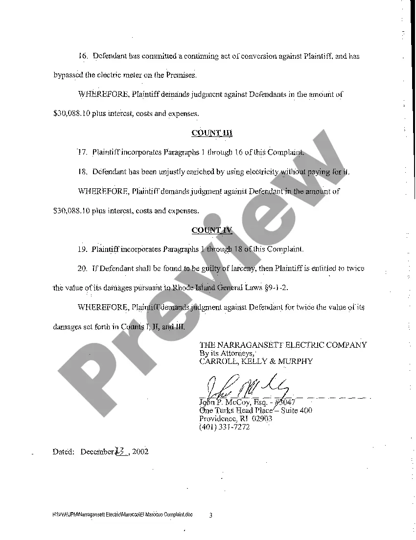 Preview A01 Complaint for Back Electric Payments Due to Defendant's Installation of Bypass Electric Meter