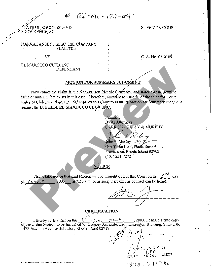Rhode Island Motion and Order for Summary Judgment US Legal Forms