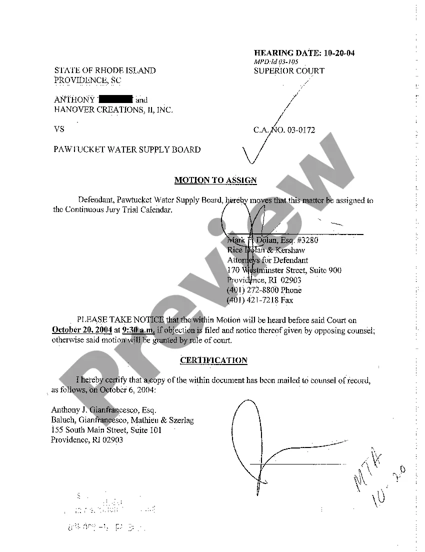 Rhode Island Motion to Assign Case to Docket for Trial | US Legal Forms