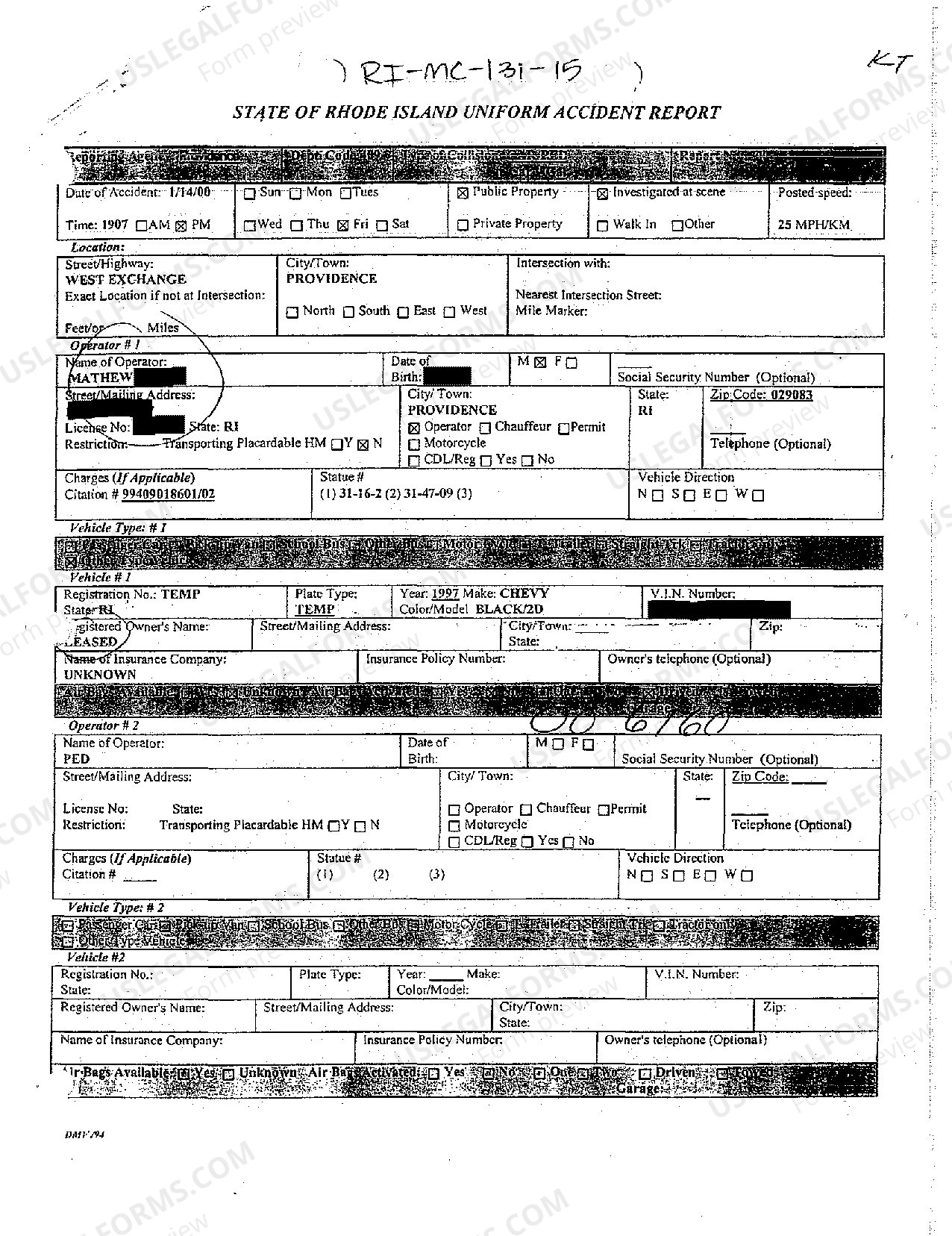 Rhode Island Uniform Accident Report - Rhode Island Accident Report | US Legal Forms