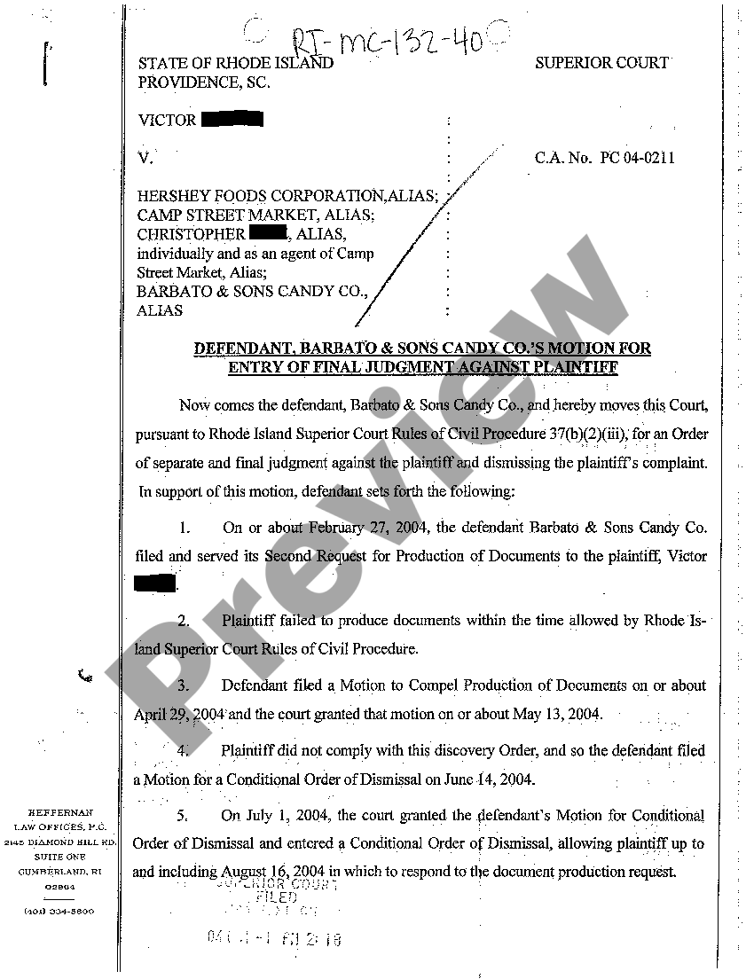 Rhode Island Defendant Candy Store's Motion for Entry of Final Judgment