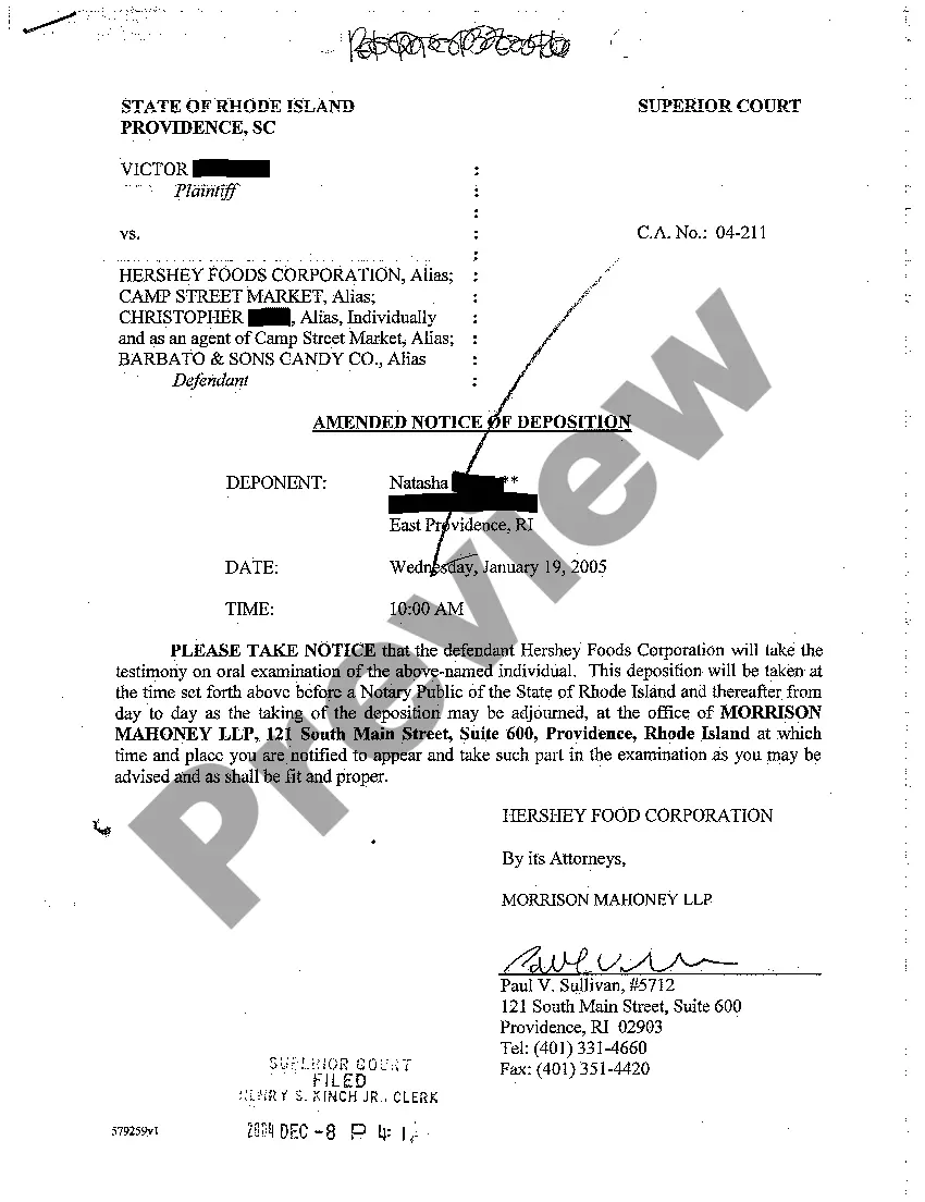 Get A45 Notice of Deposition of Record Keeper for State of Rhode Island Preview A45 Notice of Deposition of Record Keeper for State of Rhode Island