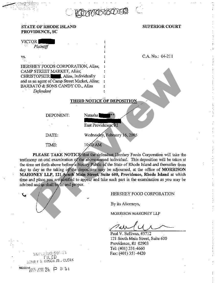Get A45 Notice of Deposition of Record Keeper for State of Rhode Island Preview A45 Notice of Deposition of Record Keeper for State of Rhode Island