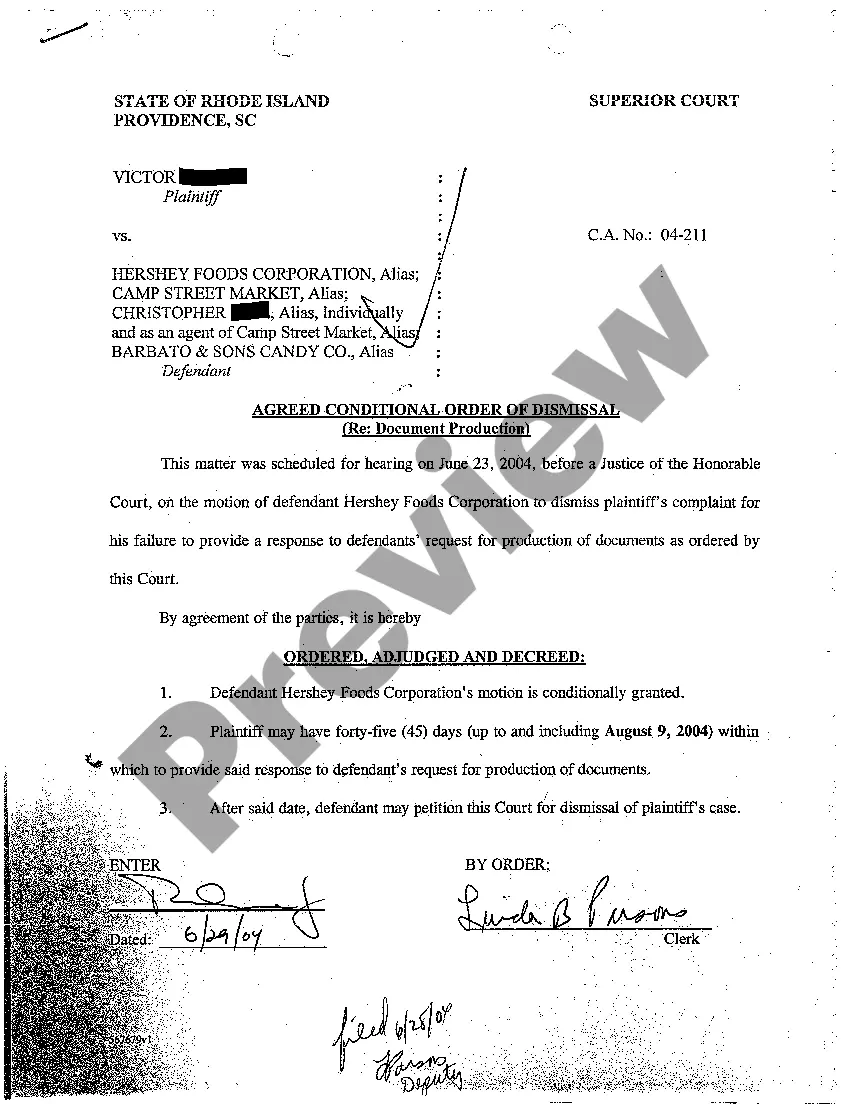 Get A55 Agreed Conditional Order of Dismissal regarding Interrogatories and Document Production Preview A55 Agreed Conditional Order of Dismissal regarding Interrogatories and Document Production