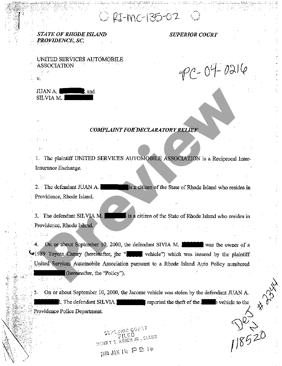 page 0 A02 Complaint for Declaratory Relief That Insurance Company Has No Duty to Defend or Indemnify Thief Who Stole Car From Insured and Then Wrecked It preview