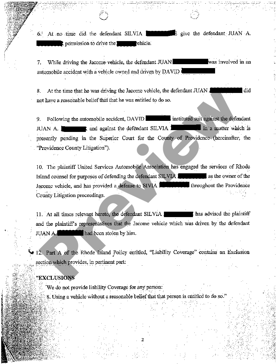 page 1 A02 Complaint for Declaratory Relief That Insurance Company Has No Duty to Defend or Indemnify Thief Who Stole Car From Insured and Then Wrecked It preview