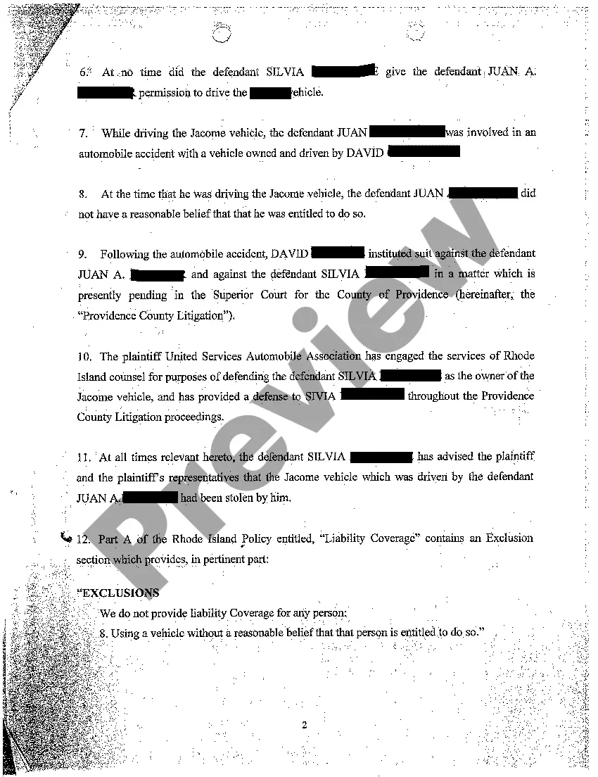Preview A02 Complaint for Declaratory Relief That Insurance Company Has No Duty to Defend or Indemnify Thief Who Stole Car From Insured and Then Wrecked It