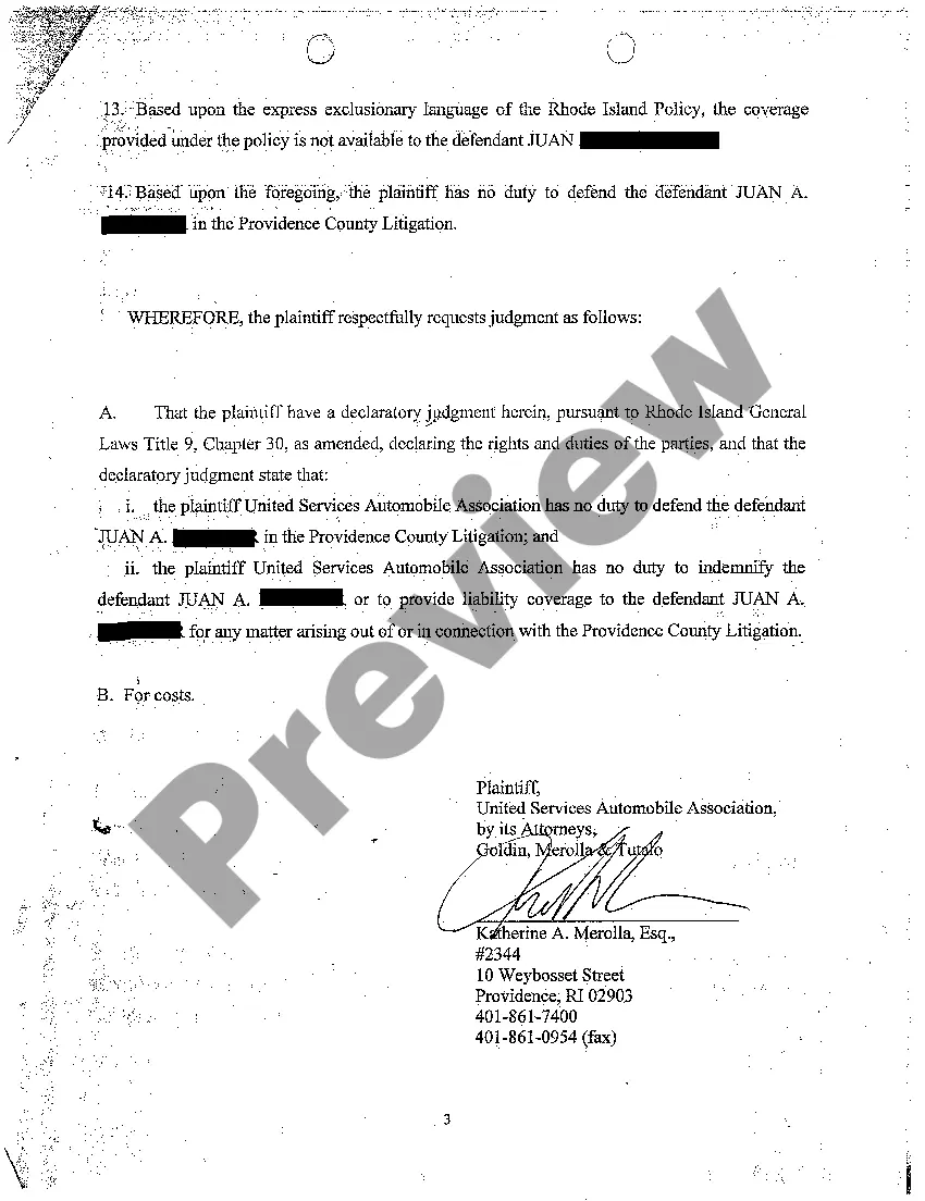 Preview A02 Complaint for Declaratory Relief That Insurance Company Has No Duty to Defend or Indemnify Thief Who Stole Car From Insured and Then Wrecked It