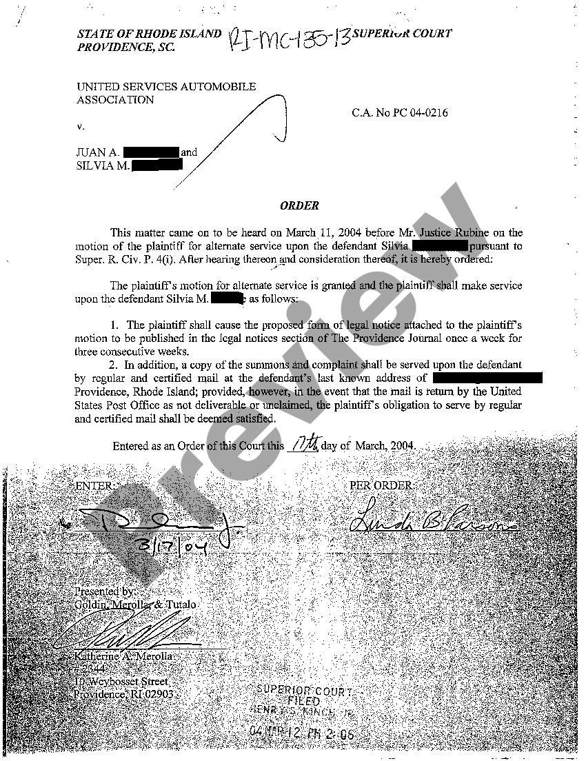 Rhode Island Order Granting Plaintiff's Motion for Alternative Service US Legal Forms