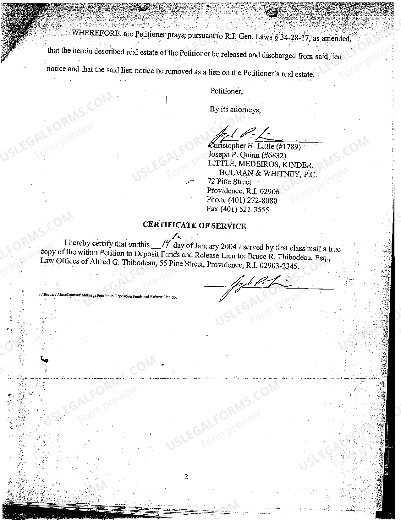 Preview A02 Petition to Deposit Funds and Release Lien